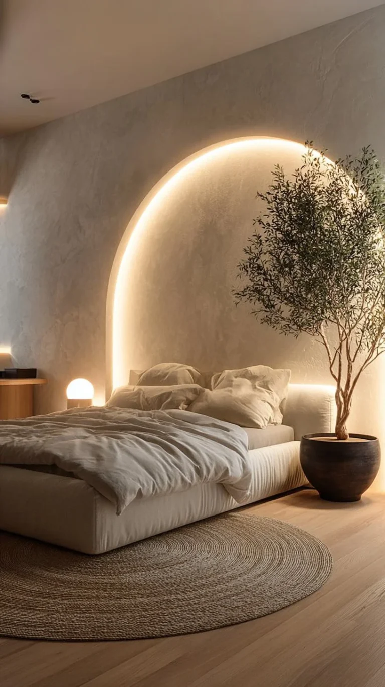 Pretty bedroom design with backlit stucco alcove and potted olive plant