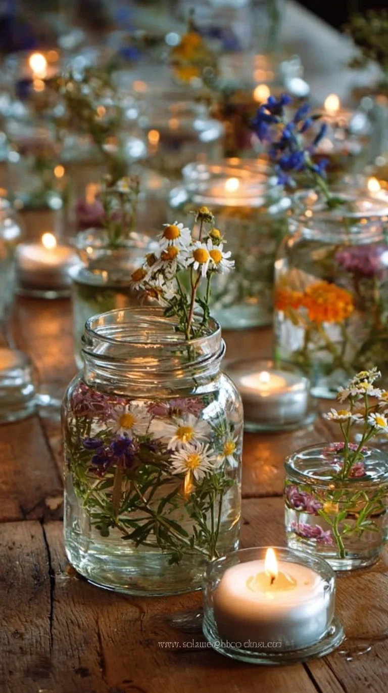 Floating flower candle centerpiece crafted with wildflowers for home decor.