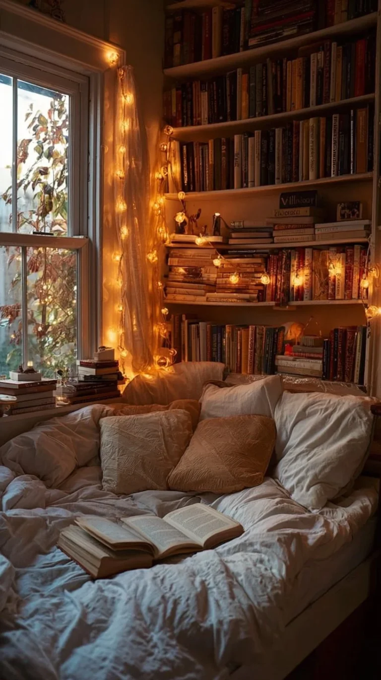 Cozy bedroom featuring books as creative decor for a warm atmosphere