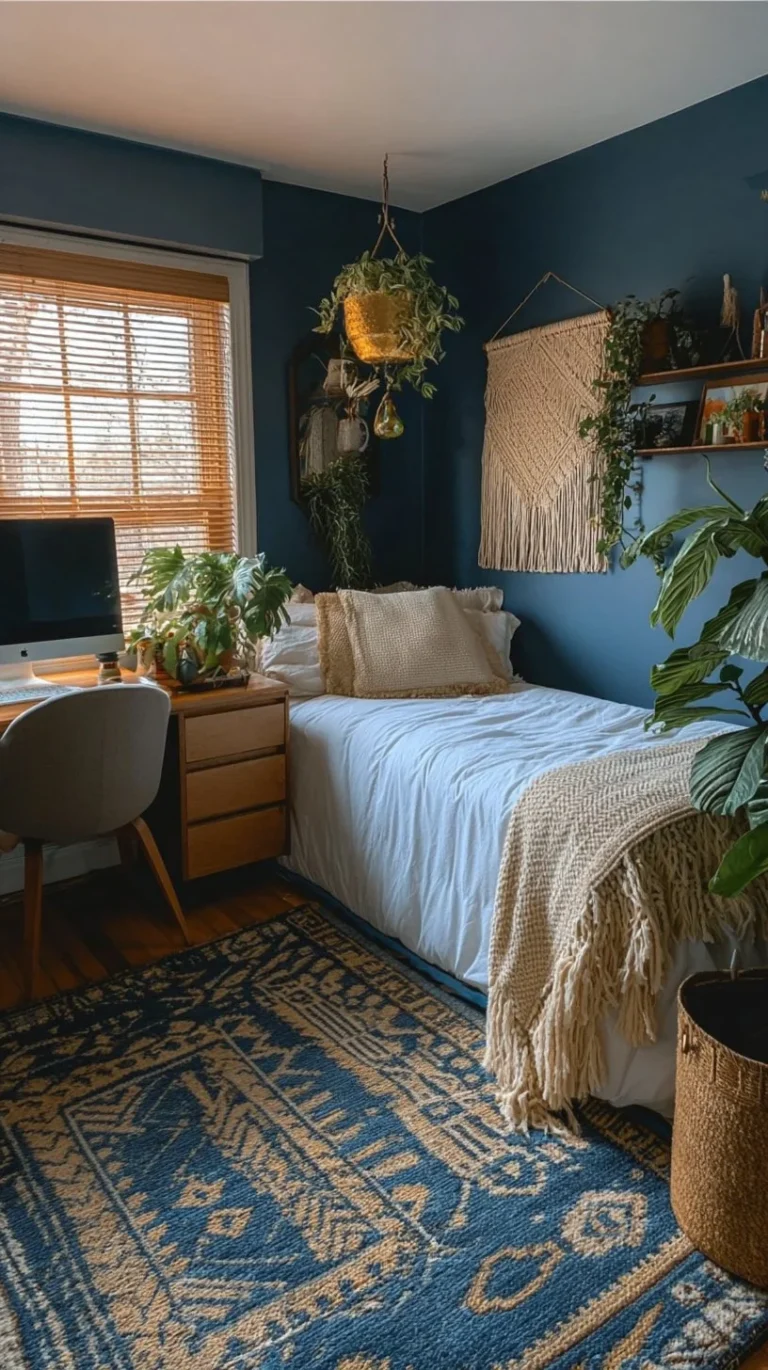 Dreamy blue boho dorm room inspiration with stylish decor and cozy elements.