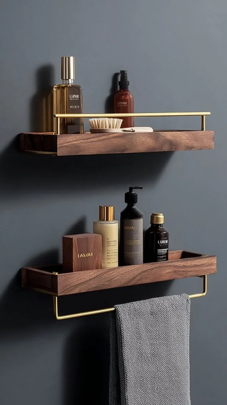 Wooden bathroom storage rack with shelves for towels and home decor