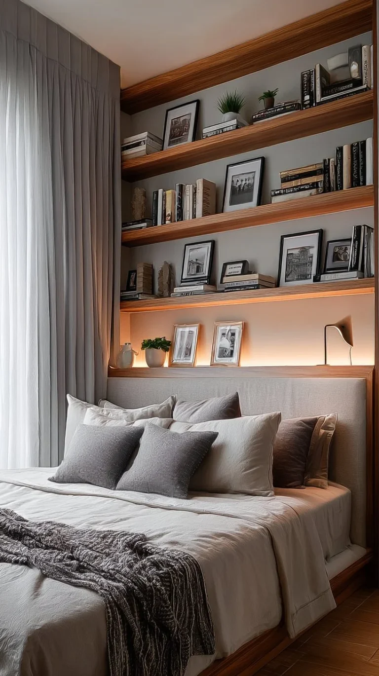 Stylish floating bedroom shelves displaying decor and books in a minimalist design