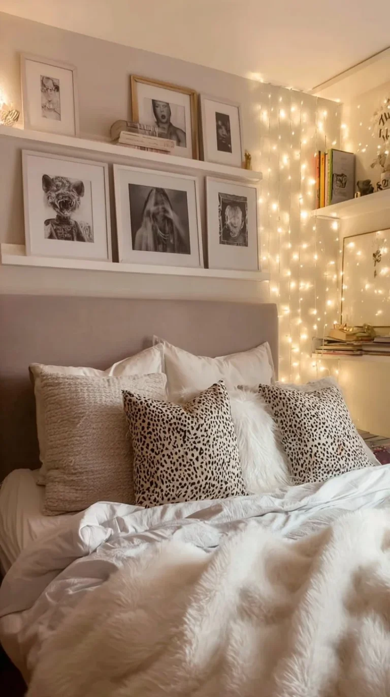 Cozy neutral bedroom with fairy lights and minimal wall art for a relaxing ambiance.