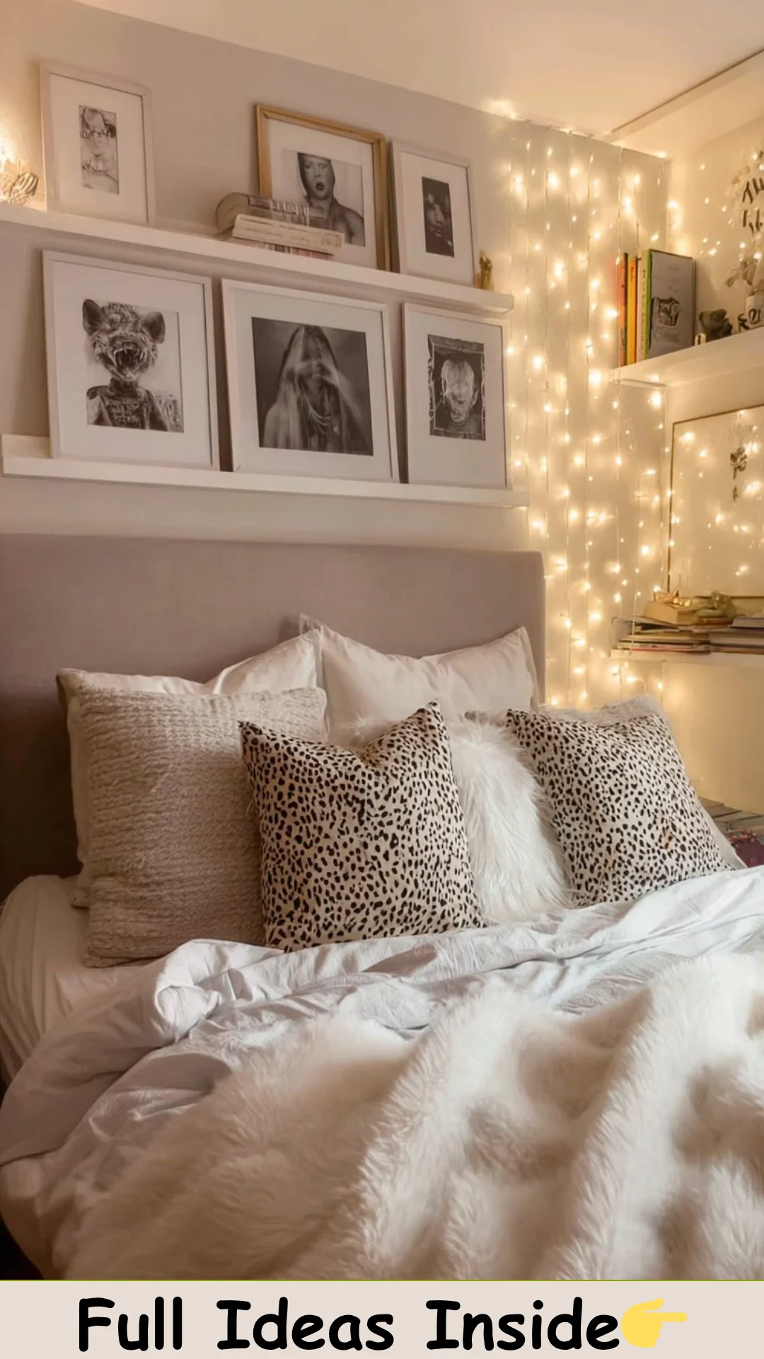 Cozy Neutral Bedroom with Fairy Lights & Minimal Wall Art