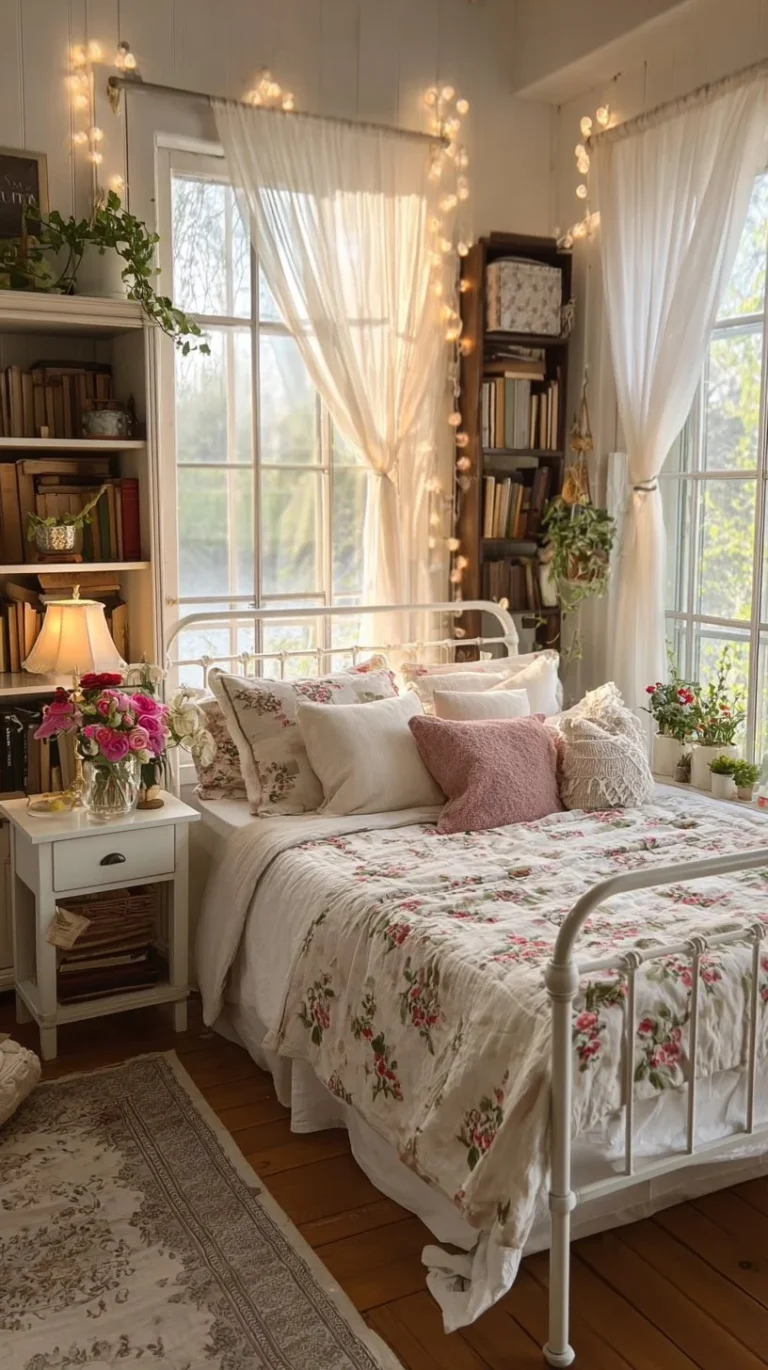 A beautifully styled cottagecore bedroom with cozy decor and warm lighting.