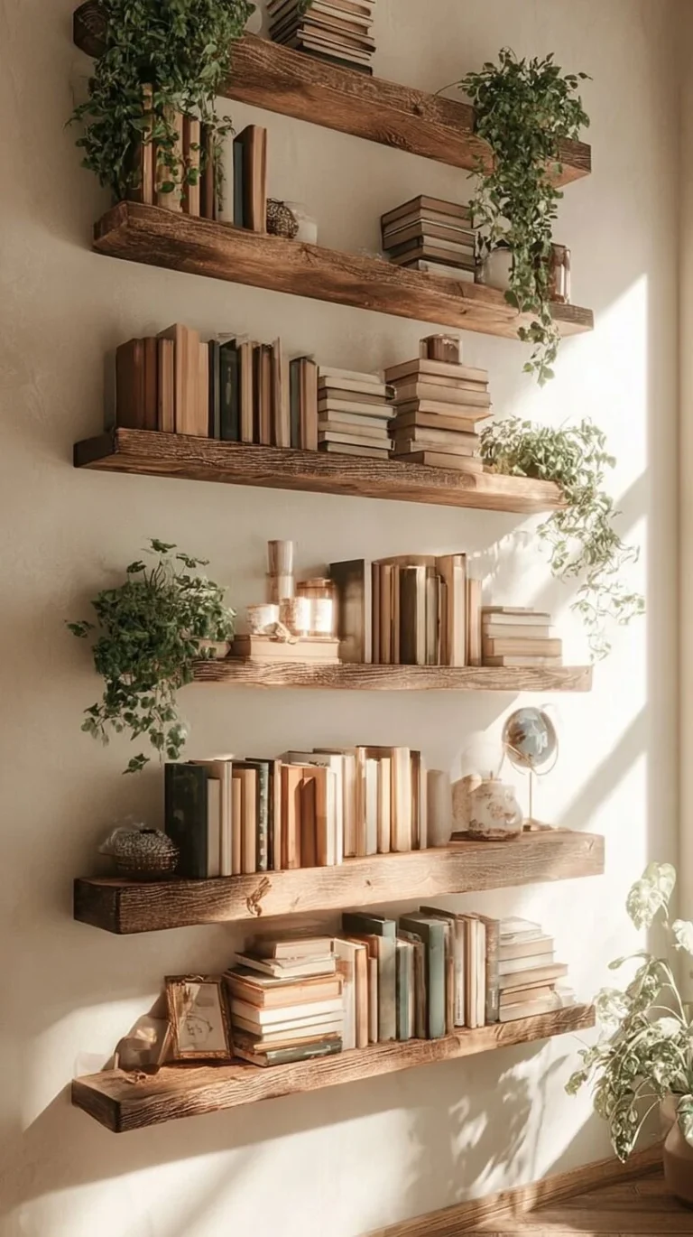 DIY floating shelves in a small living space for stylish storage