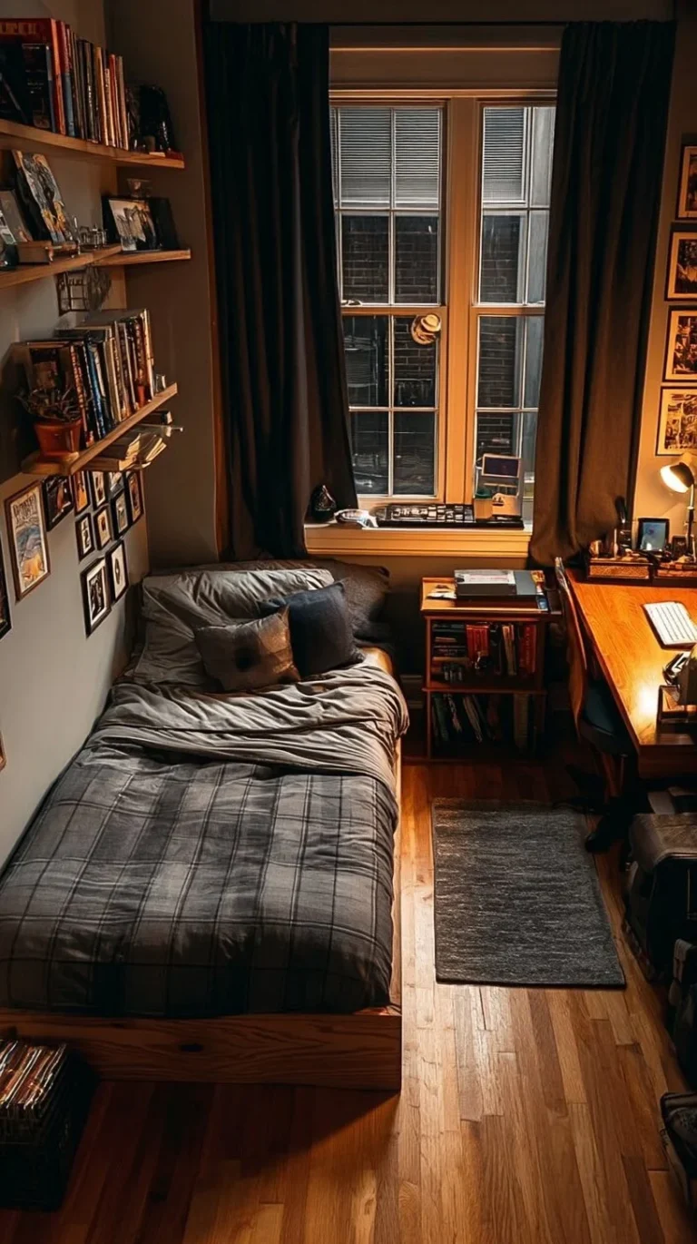 Stylish dorm room ideas for guys focusing on comfort and productivity.
