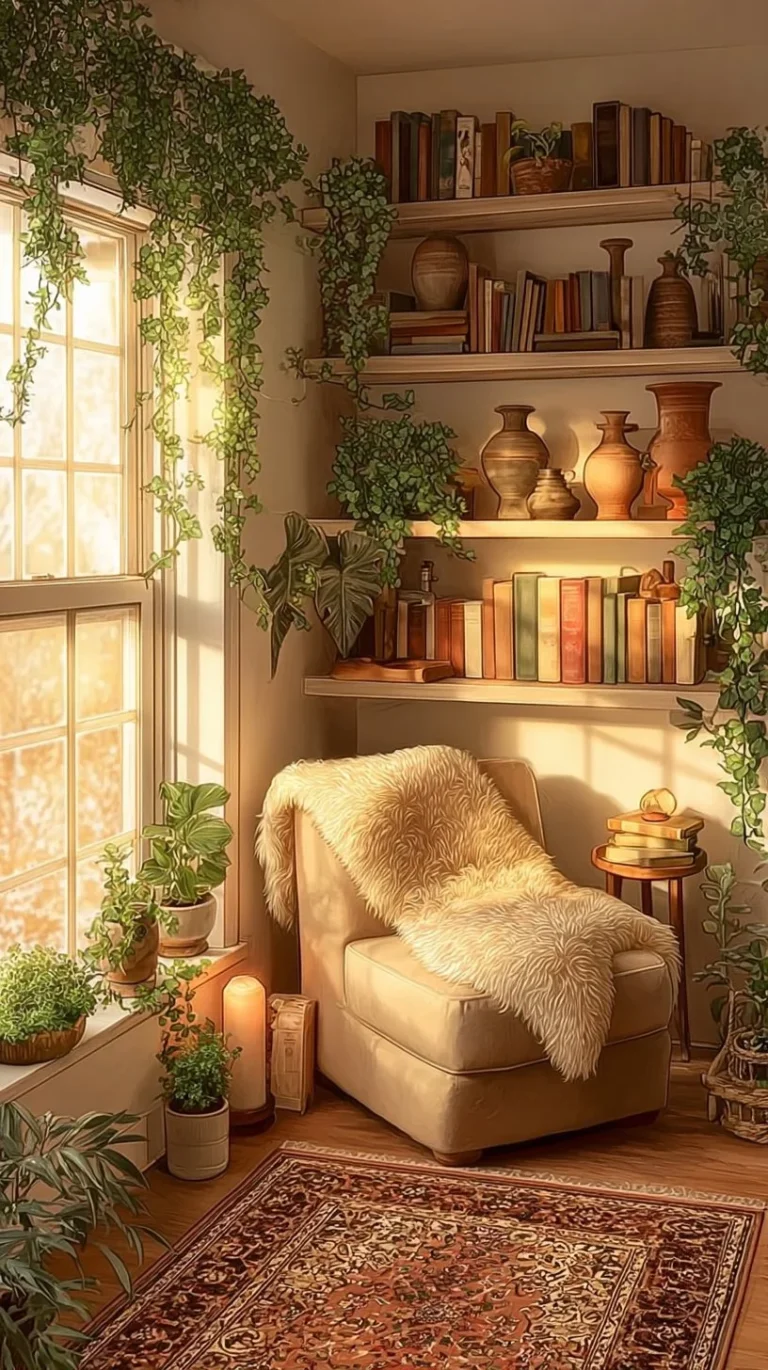Dreamy Boho corner library with DIY floating shelves and a cozy reading nook