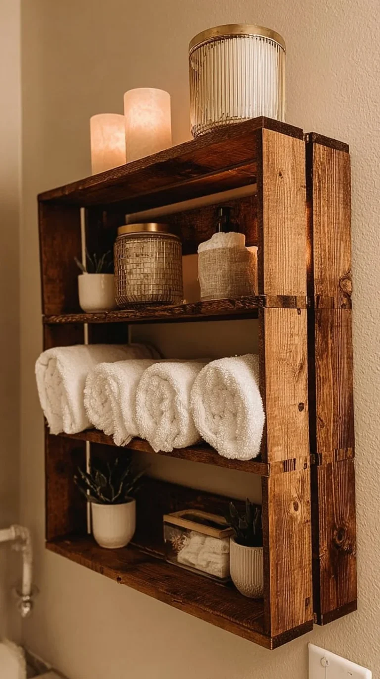 Handmade farmhouse bathroom shelf for rustic over-the-toilet storage