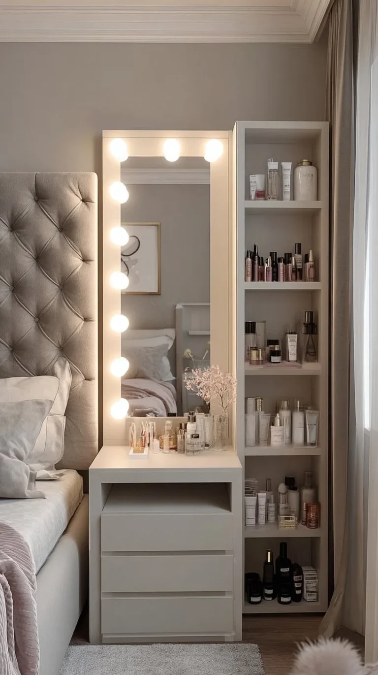 Cozy small bedroom with a stylish vanity nook for beauty and organization