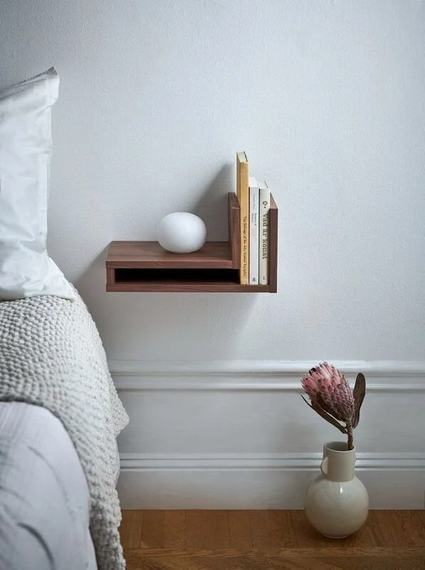 Maze F-shelf in left orientation, crafted from walnut wood for stylish storage.
