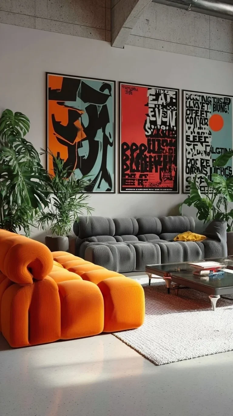 Modernist typography poster set with orange and black abstract designs