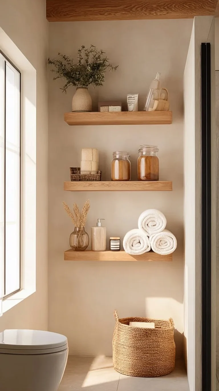 Baobab Workshop Gold Oak Shelves for effective bathroom organization