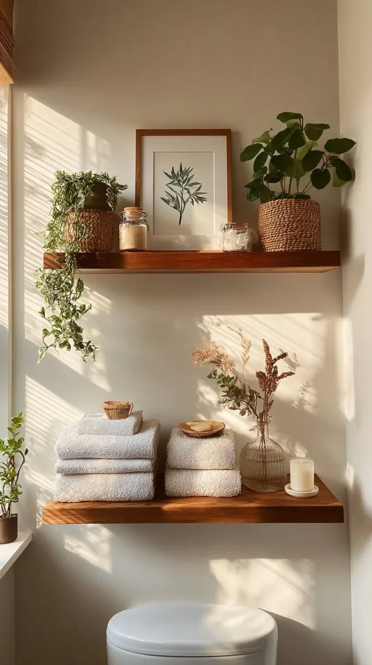 Floating shelves for organizing and reducing bathroom clutter