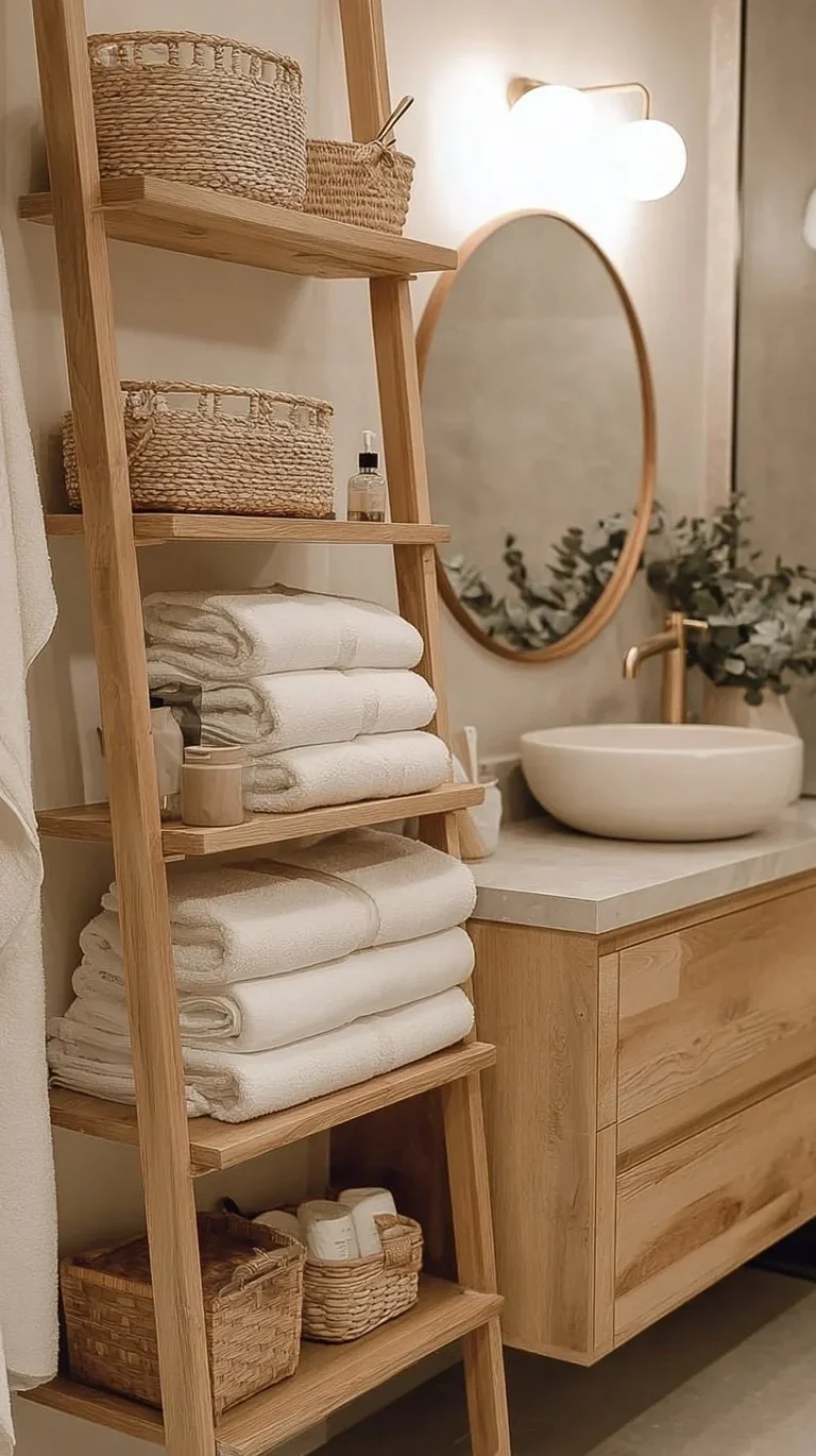 Small bathroom with storage ideas and a decorative ladder for organization.