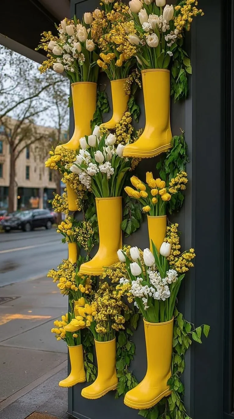 Spring window decor with yellow boots and colorful flowers for a vibrant look