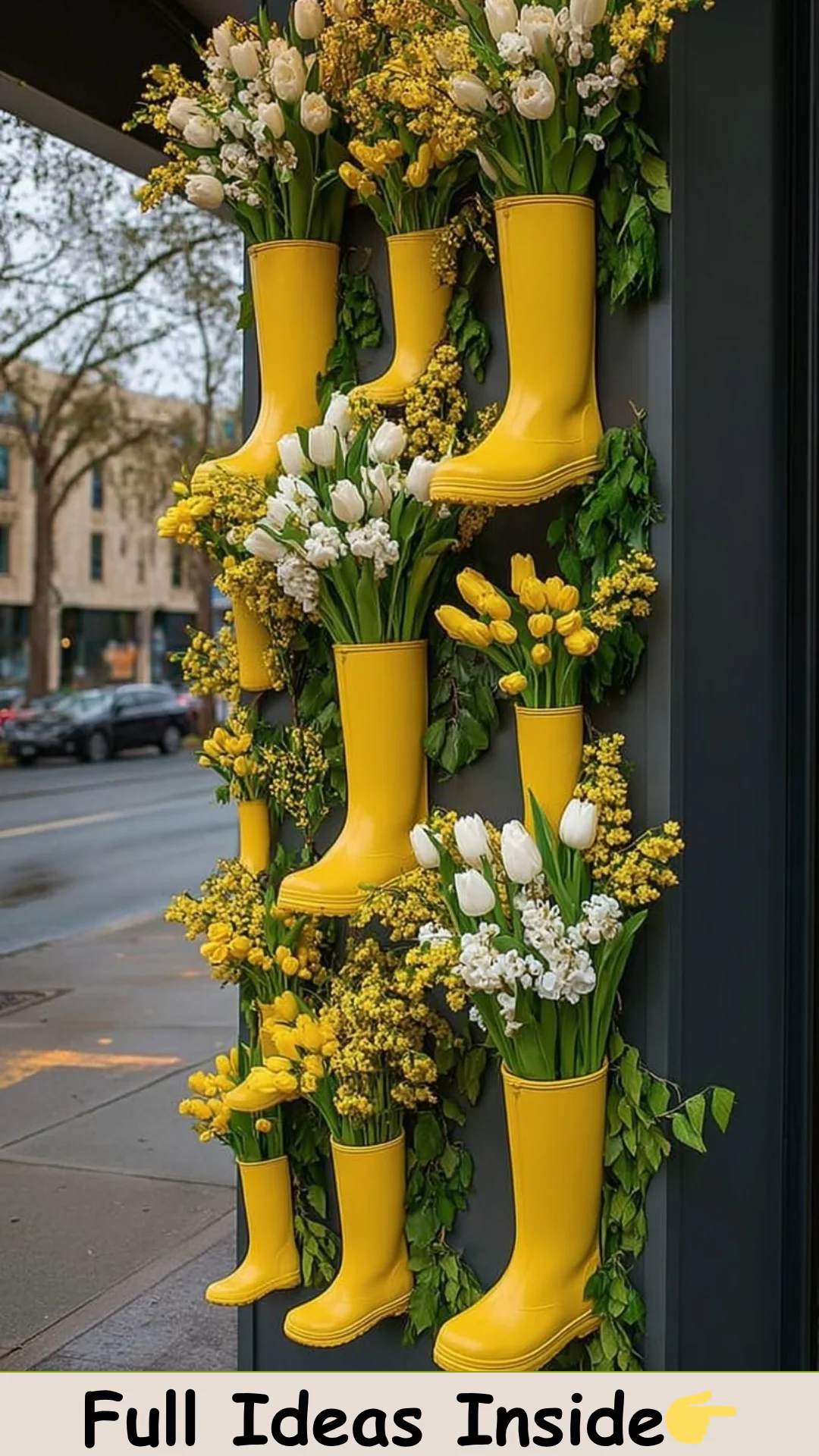 Spring Window Decor with Yellow Boots and Flowers