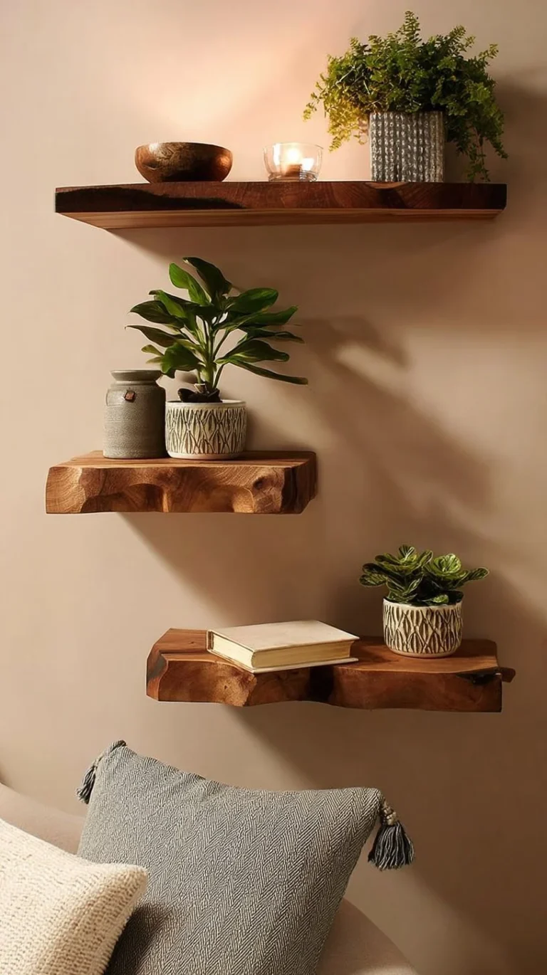 Takara live-edge shelf featuring natural wood grain and rustic design