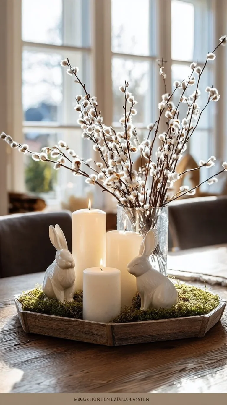 Beautiful decorative tray with branches, flowers, and candles for home decor