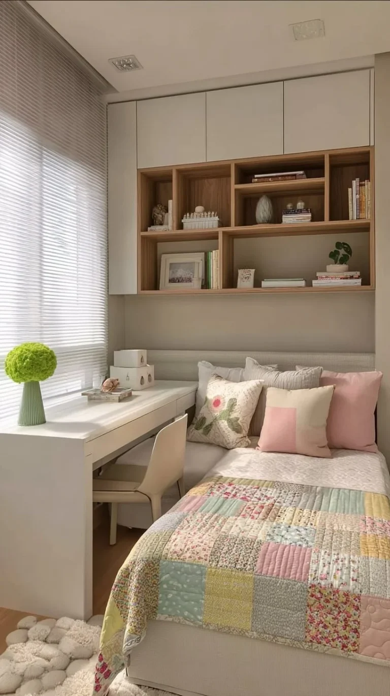 Stylish tiny bedroom featuring a built-in study area for space-saving solutions.
