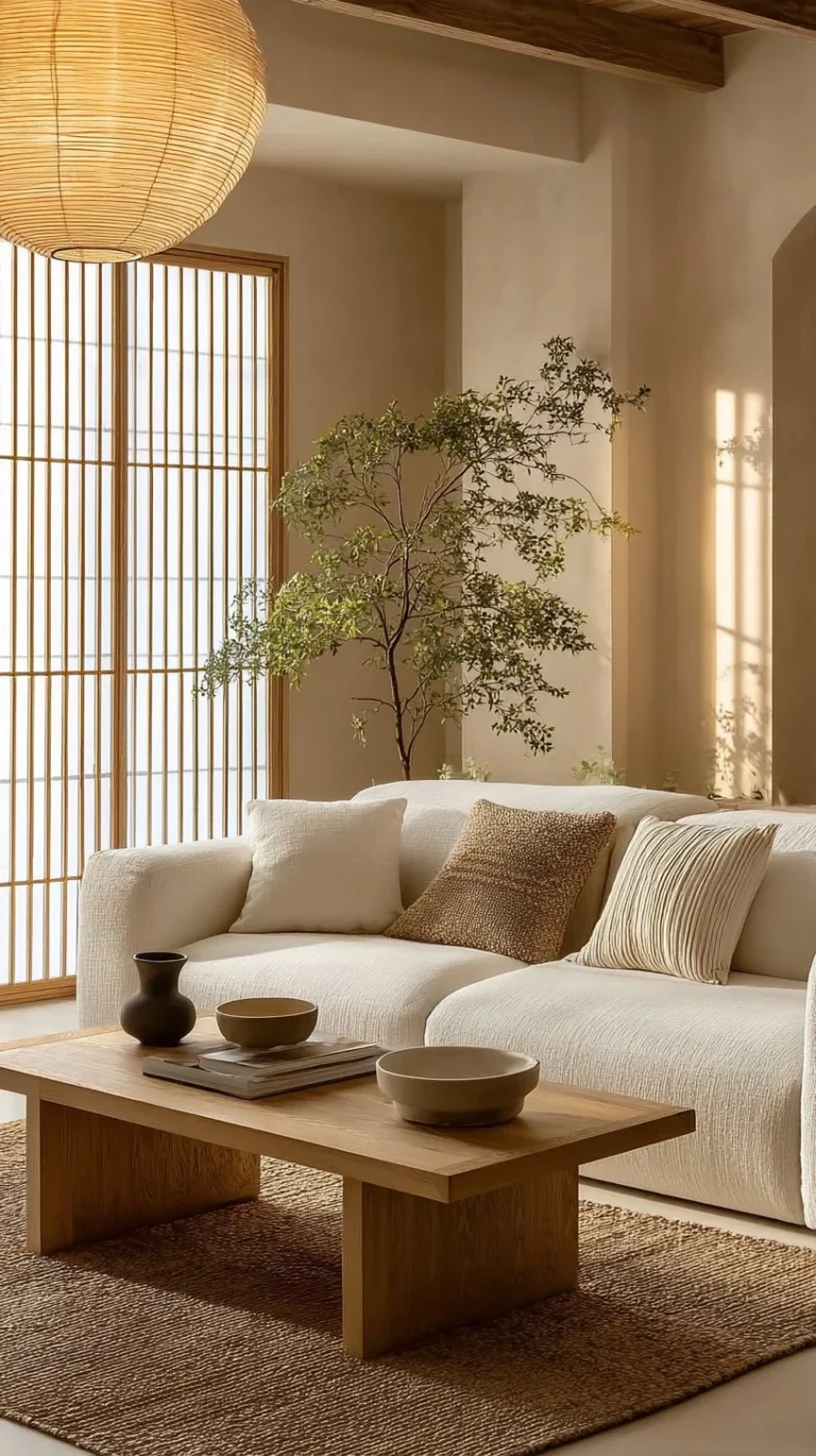 Warm Japandi living room featuring minimalist design and cozy decor elements.