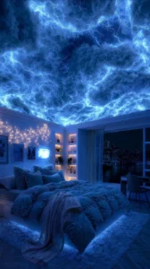 A serene sky filled with beautiful blue clouds, perfect for a peaceful sleep.